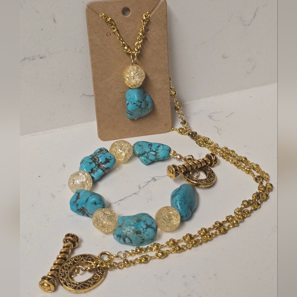 Magnesite & Gold Tone Necklace 15" Bracelet 4" Set